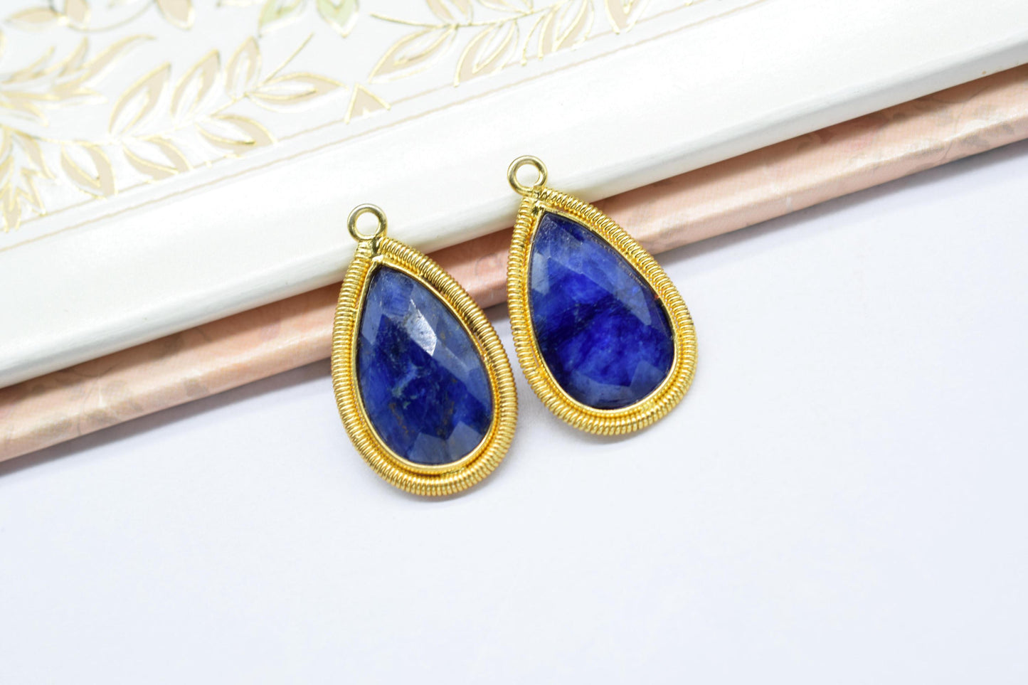 Blue Sapphire 12X20mmmm Bezel Charms,Gemstone Bezels,Boho Pendant Charms,Single Bail Pendant,Handmade Brass Pendant,Bezel Connectors,Gift