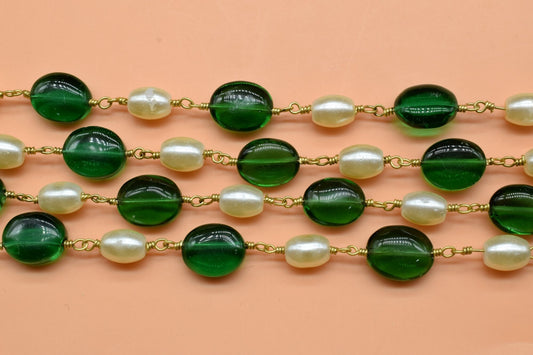 Emerald Quartz Beads Link Chain With White Pearl beads,Gold Plated Rosary Chain,Beaded Chain, Wire Wrapped Rosary Chain,Beaded Chain By Foot