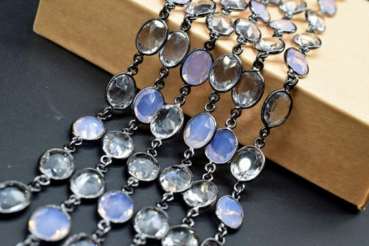 Opalite & Crystal Bezel link Chain I Handmade Bezel Link Chain, black rhodium Bezel Chain,Brass Chain,Gemstone Connector Chain Per Foot
