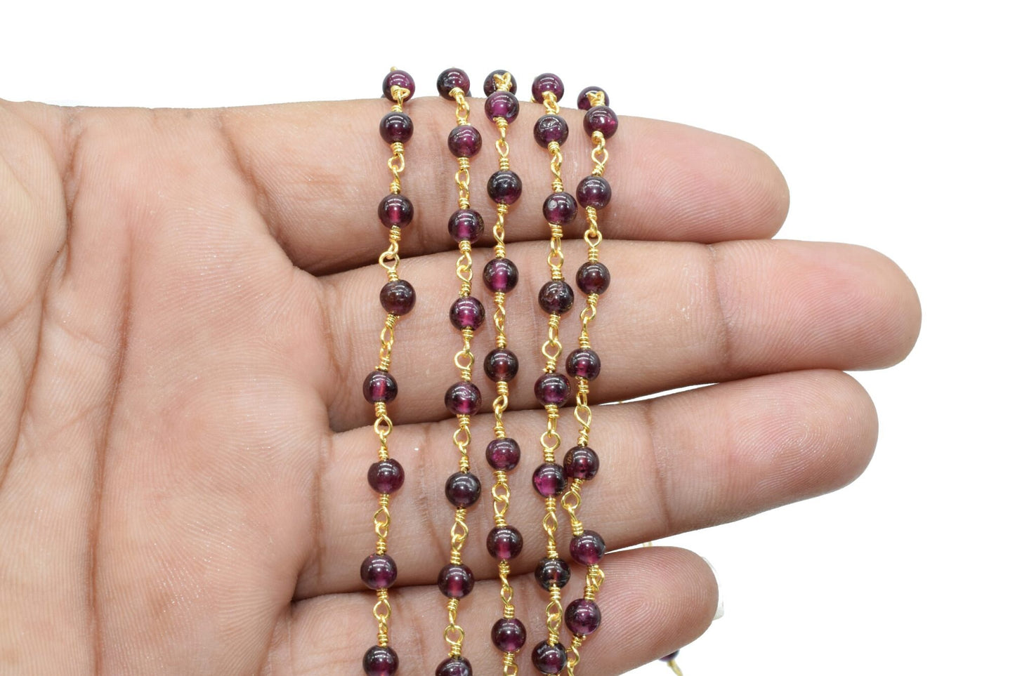 Garnet 4mm Round Beaded Chain,Premier Quality Non Tarnish Gold Wire,Garnet Wire Wrapped Rosary Chain,Brass Wire Wrapped Links,Garnet rosary