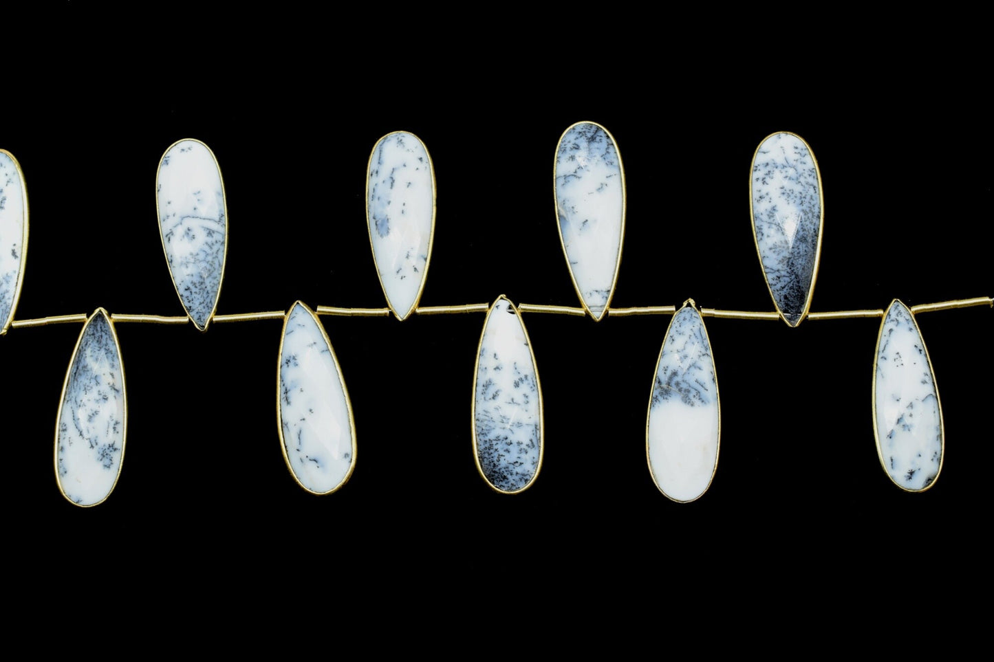 Dendrite Opal 10x30mm drilled Bezel charms ,Brass Gold Plated bezel,Teardrop Light Gold Bezel Trim Edge Faceted Gemstone,bezel strand