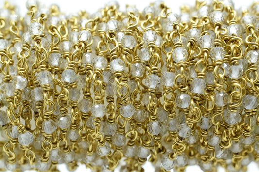 Crystal Quartz 2mm Beaded Chain,Rosary,Crystal Quartz Wire Wrap Chain,Crystal Quartz Brass chain Jewelry Making Chain,Crystal Quartz Rosary