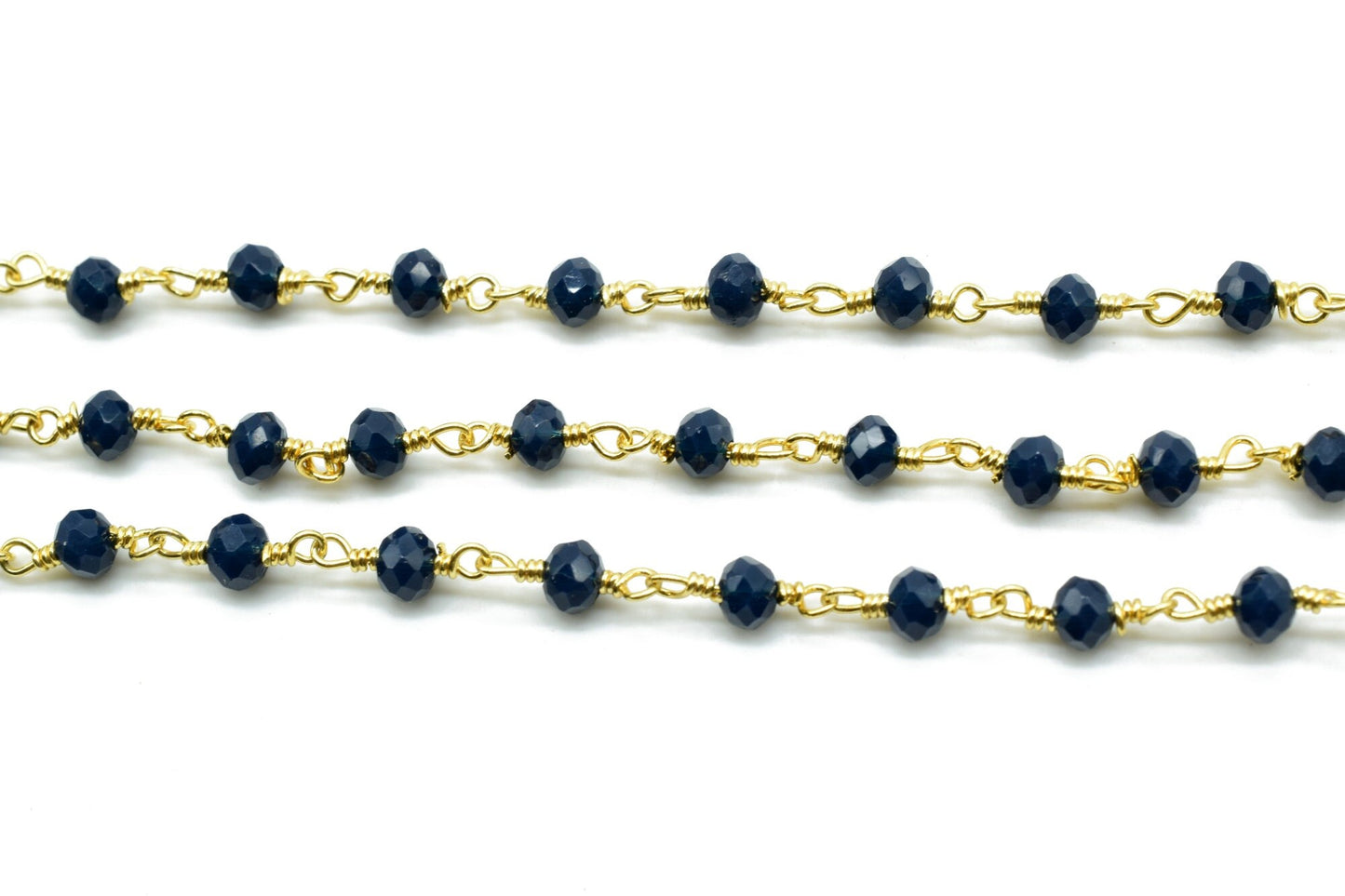 Blue Agate 3mm Beaded Chain,Blue Agate Rosary Chains,Blue Agate Gold Plating Wire Wrap Chain,Brass chain,Jewelry Making Chain,Rosary chain