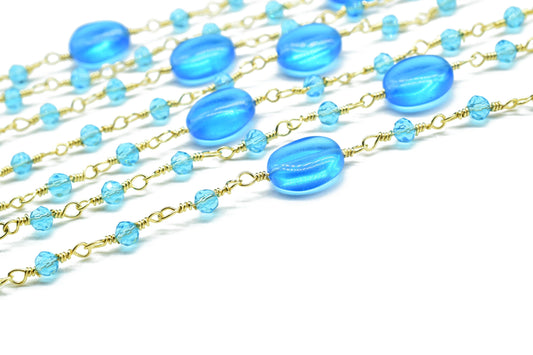 Blue Topaz Quartz Oval Shape Rosary Chain,Sky Beaded Rosary Chain,Finding Wire Wrap Necklace Chain,Gemstone Rosary Chain,Jewelry Making Gift