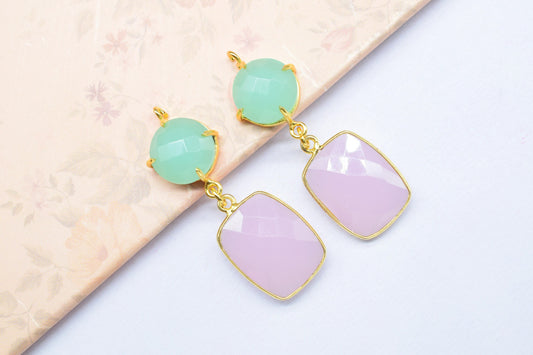 Aqua Chalcedony Prong Setting Bezel Charm/Handmade Pendant/Multi Stone Pendant/Station Bezel Link/Rose Quartz Connector/Earring Connector