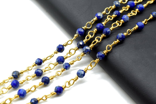 Lapis Lazuli 3mm Beaded Chain,Faceted lapis lazuli Wire Wrapped Beaded Chain, lapis lazuli Wire Wrapped Rosary Chain wholesale price,Jewelry