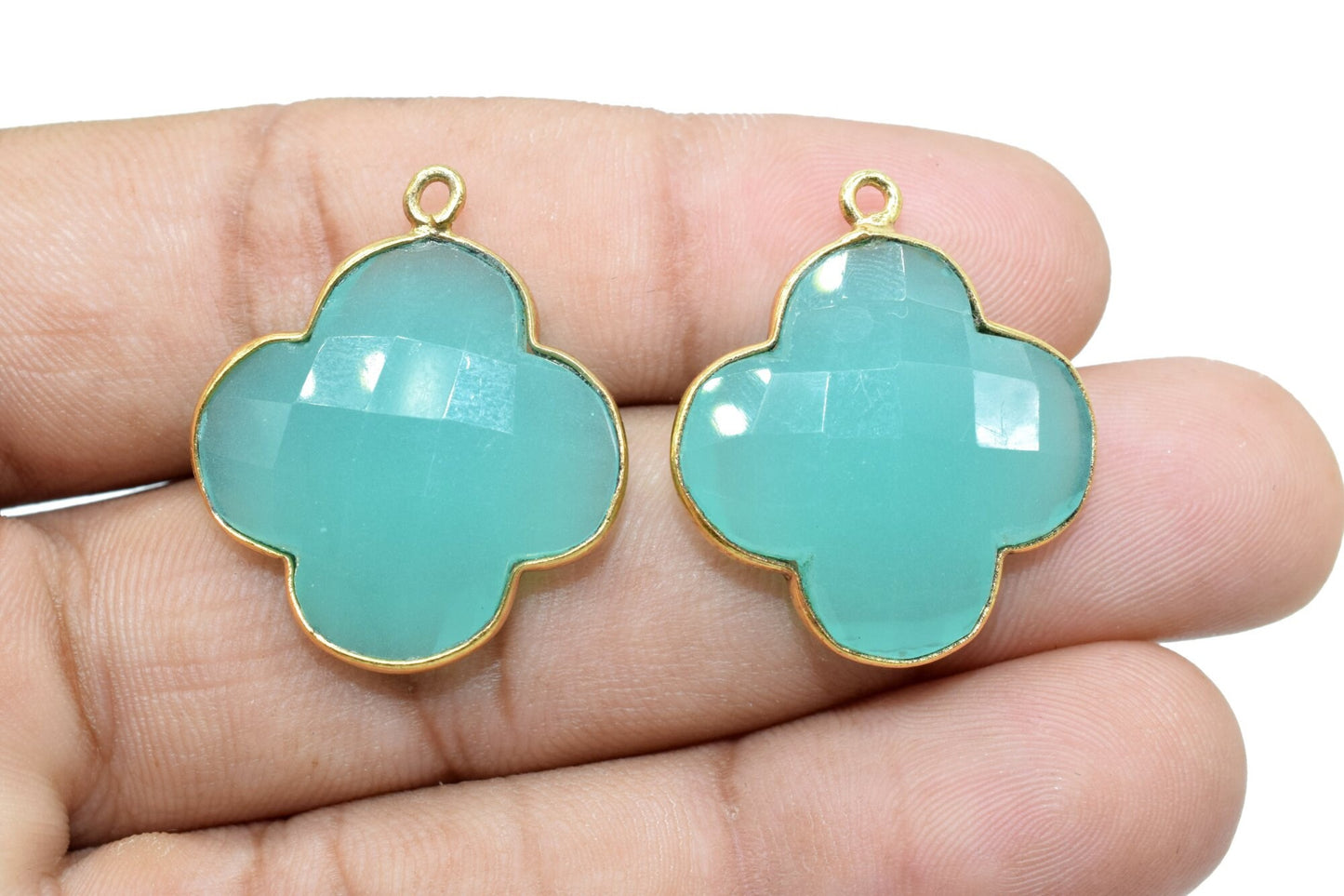 Aqua chalcedony 20mm Clover Shape Connector,Aqua Chalcedony Clover Shape Pendant,single Bail Station Connector,Findings,Single Loop Pendant