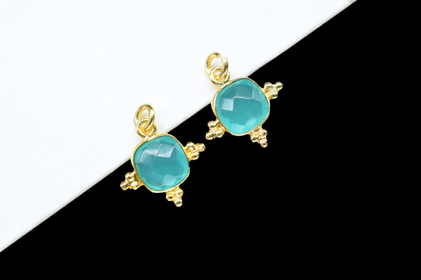 Aqua Chalcedony 8mm Cushion Bezel charm/Station Bezel Link Supplies/Aqua Chalcedony Jewelry Making/Square Pendant/Gemstone Connector Pendant