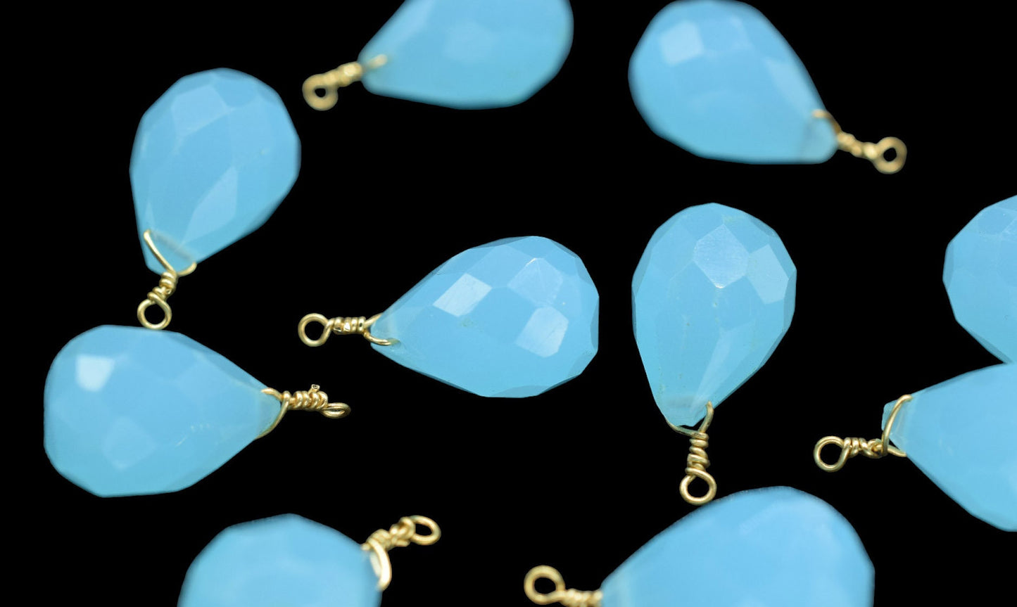 Peru Chalcedony 10x14mm Faceted Drops Wire Wrapped Gemstone,dainty dangle Gemstone Connector,Chalcedony Connector Charm,Chalcedony Briolette