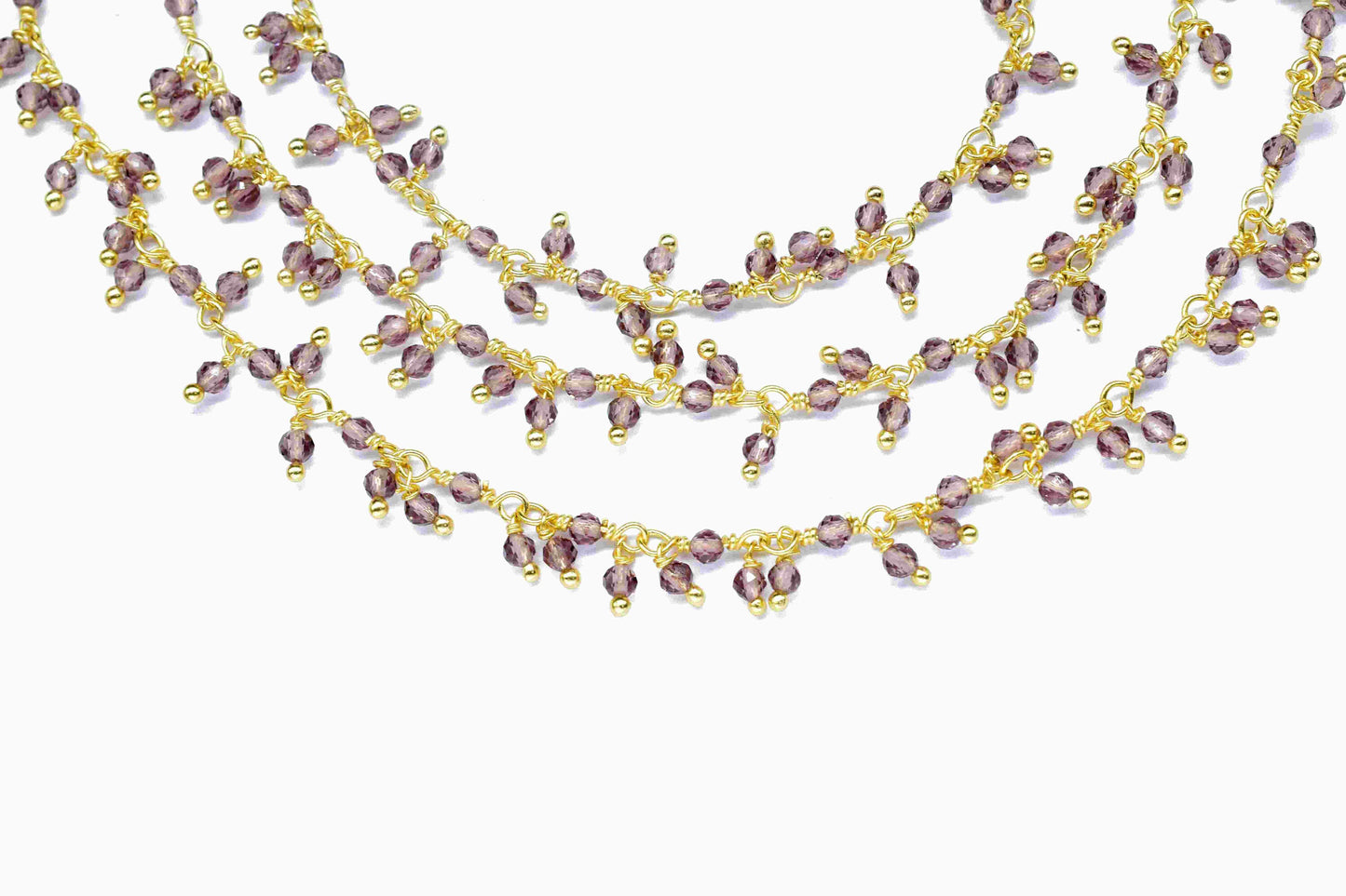 Amethyst 2.5mm To 3mm Cluster Beaded Rosary, Amethyst Rosary Chain,Amethyst Gold Plated Wire Wrap Chain,Cluster Beads Rosary Jewelry Making
