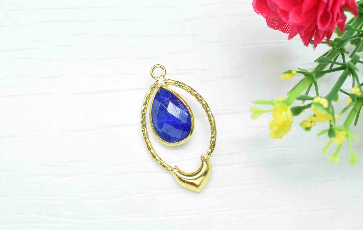 Sapphire Pear Shape Pendant , Sapphire Single Bail Pendant , Multi Gemstone Charms , Gold Plated Gemstone Connectors , Summer Collection