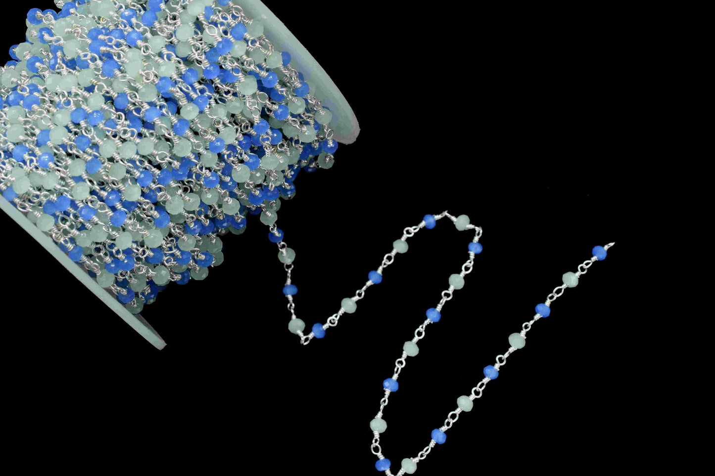 Peru Chalcedony 3mm Beaded Chain,Multi Stone Beaded Rosary Chain,Wire Wrapped Rosary Chain,Blue Quartz stone links,Handmade Jewelry Making