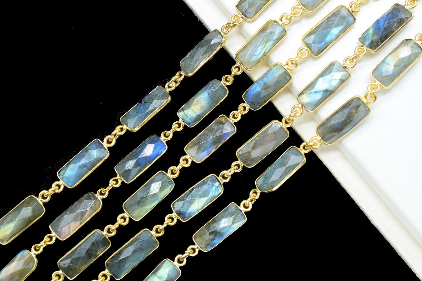 Natural Labradorite Bezel Connector Chain/Bracelet Chain/Handmade Bezel Chain/Labradorite Baguette chain/Gemstone Bezel Chain/Link Chain
