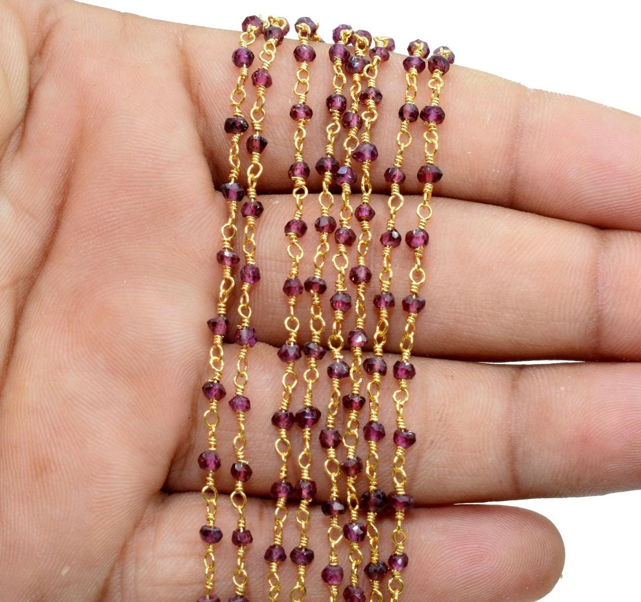 Garnet 3mm Beaded Chain,Garnet Rosary Chains,Garnet Gold Plating Wire Wrap Chain,Garnet Brass chain,Jewelry Making Chain,Garnet Rosary chain