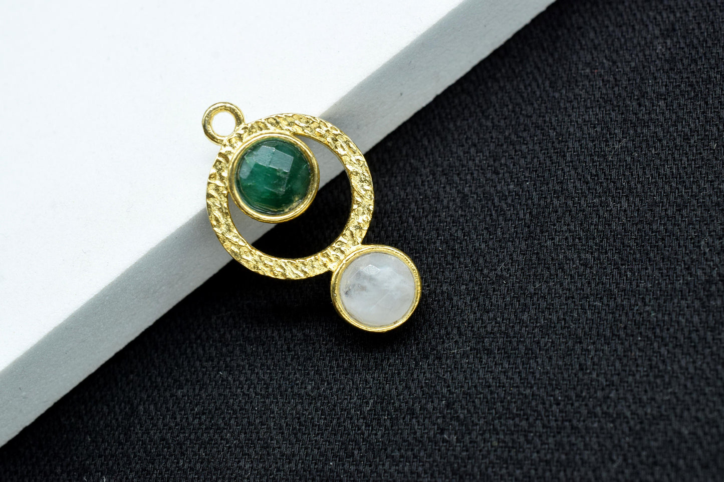 Emerald + Moonstone Gemstone  Pendant , Multi Gemstone Handmade Pendant , Single Bail Checker Cut Gemstone Connector, Gold Plated Connectors