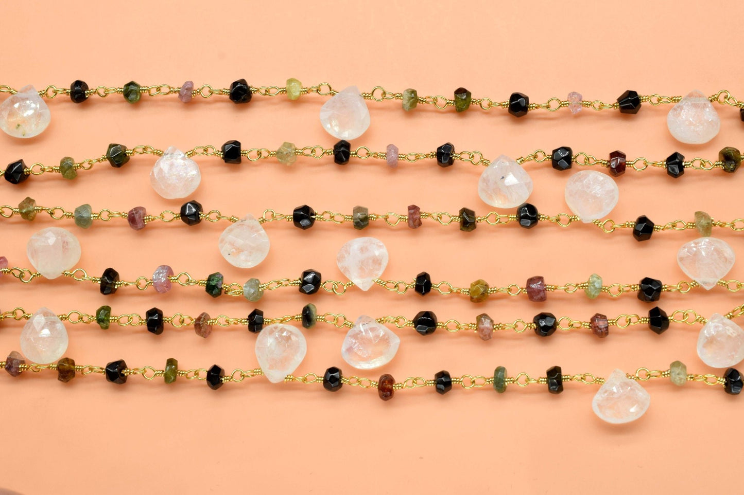 Pink Tourmaline 3mm Beaded & moonstone Heart shape Chain,Beaded Wire Wrapped Gemstone Beads,Faceted Rosary Chain,Gems Rosary Style,handmade