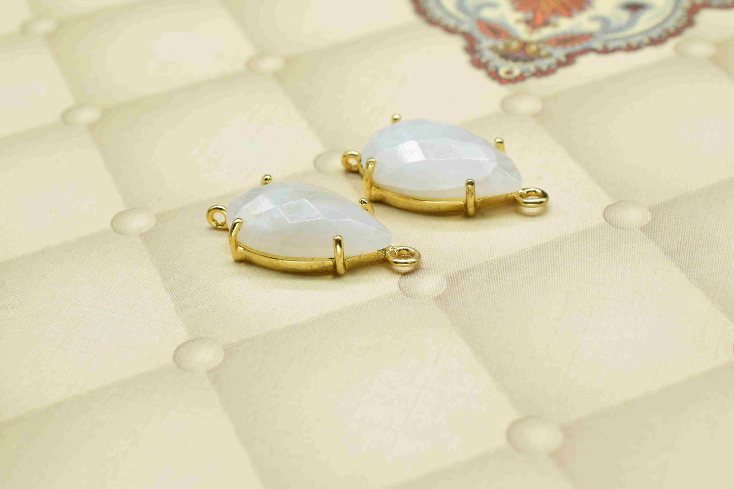 Rainbow Moonstone Connector,Moonstone jewelry meking,Teardrop Bezel,double bail connectors,Handmade Gemstone Bezel,Prong Set Bezel Pendant