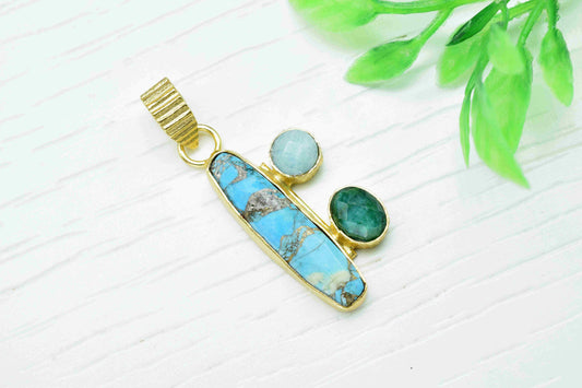 Multi Gemstone Pendant,Copper Turquoise 6x25mm Rectangle Shape Pendant,Amazonite Pendant,Single Bail Pendant,Emerald Gemstone Pendant,Gift
