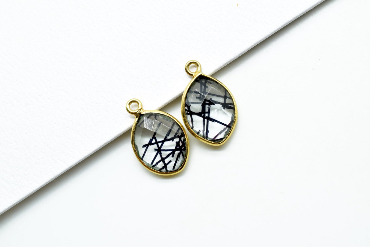 Black Rutile 10x13mm Eye Single bail connectors,Black Rutile Components eye Shape Connectors,Rutile Single Bail Over Brass Gold Edge Jewelry