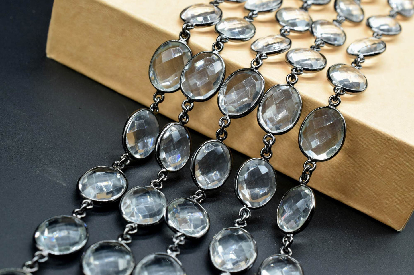 Crystal Bezel link Chain I Handmade Bezel Link Chain,Clear Quartz black rhodium Bezel Chain IBrass Chain,Gemstone Connector Chain Per Foot