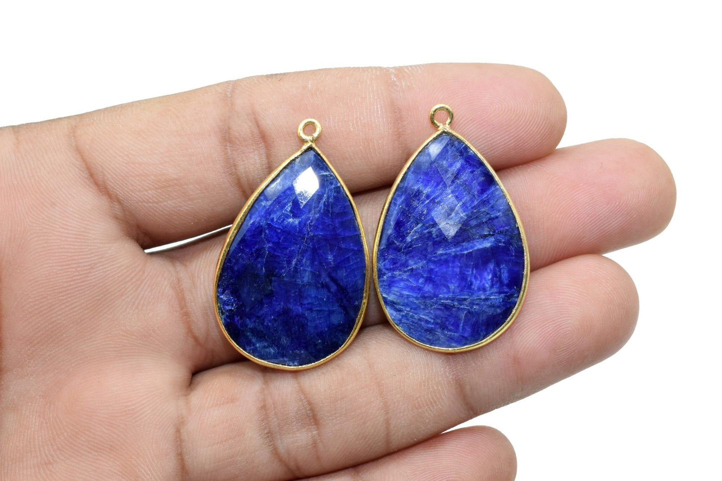 Blue Sapphire 20x30mm Pear shape Single bail connectors,Sapphire Gold plated bezel,Sapphire Briolettes,Sapphire Connector,Sapphire earrings