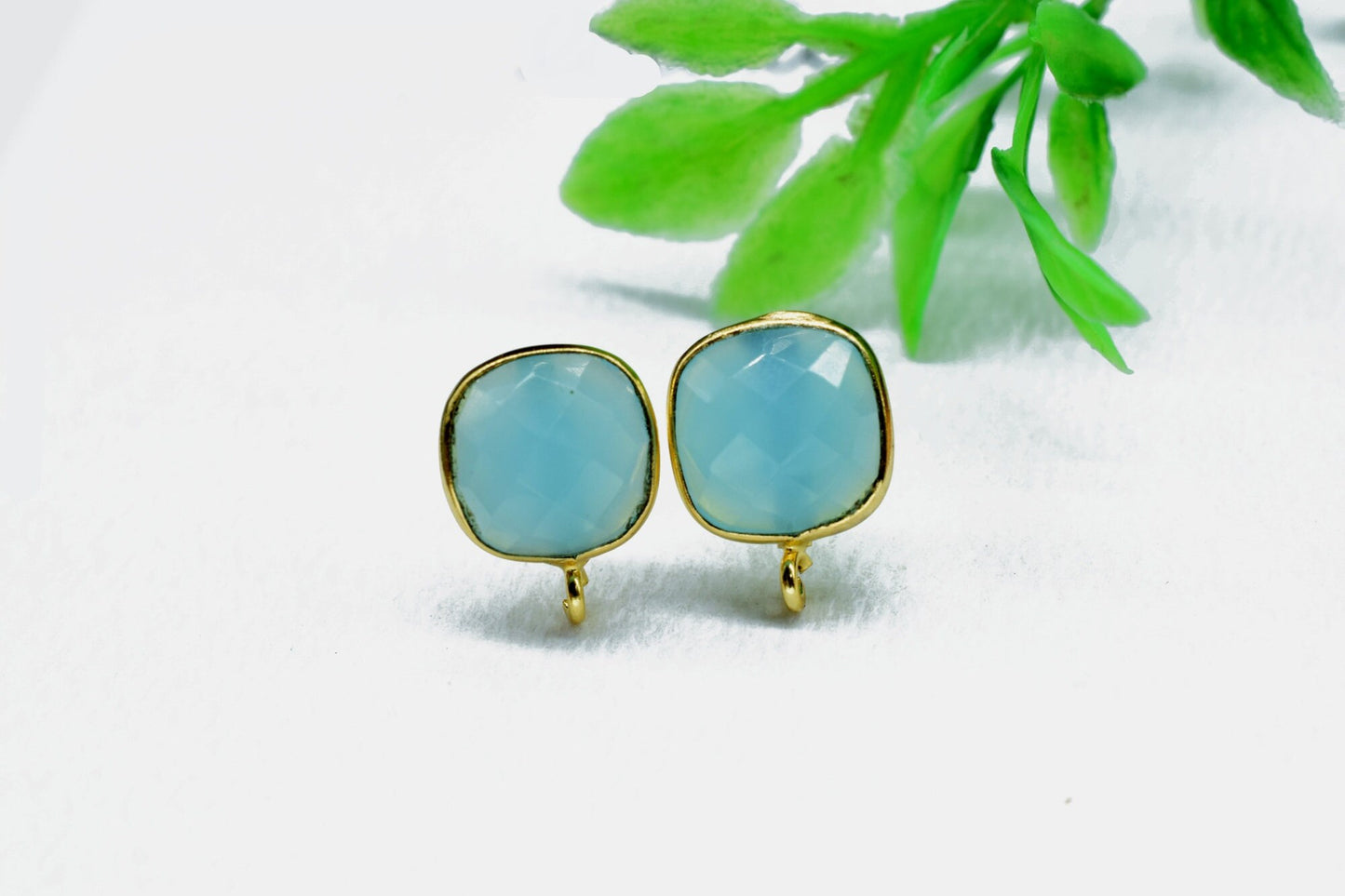 Aqua Chalcedony 10mm Cushion Earring Connector,Aqua Jewelry,Gemstone Ear Post Studs Connector,Cushion Earrings Connector, Earring Connector,