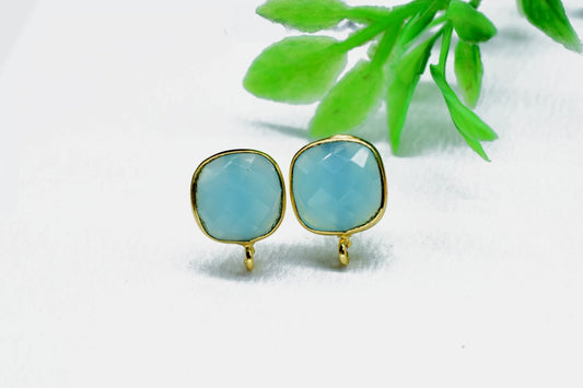 Aqua Chalcedony 10mm Cushion Earring Connector,Aqua Jewelry,Gemstone Ear Post Studs Connector,Cushion Earrings Connector, Earring Connector,