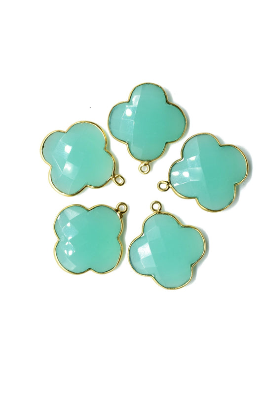 Aqua chalcedony 20mm Clover Shape Connector,Aqua Chalcedony Clover Shape Pendant,single Bail Station Connector,Findings,Single Loop Pendant