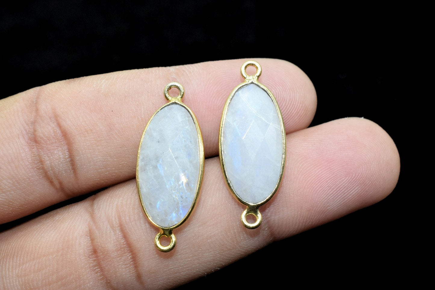 Moonstone 10x20mm Oval Shape double bail connector,Rainbow Moonstone Bezel Connector,Moonstone Heart Pendant 24k Gold Plated,Moonstone charm