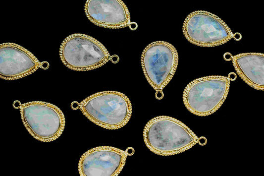 Rainbow Moonstone Pear Shape Single Bail Connector,Moonstone 9x13mm Teardrop Pendant,Moonstone Gold Plated Bezel,Jewelry Making Charms Gift