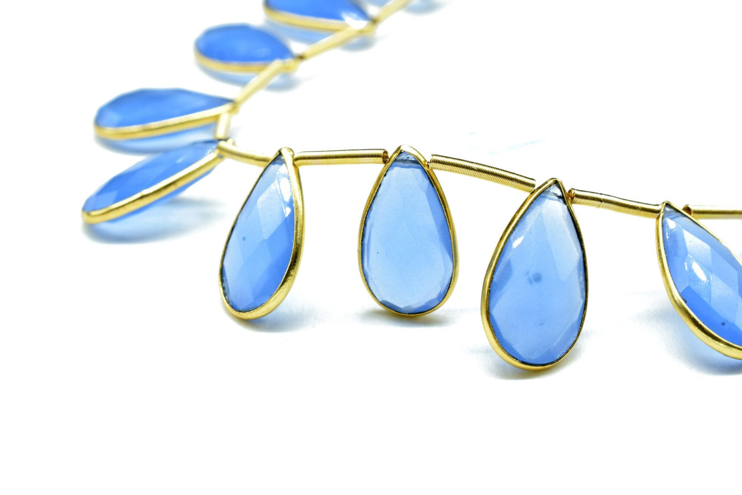 Blue chalcedony Side to Side Drilled chrams,Faceted Teardrop Gold Bezel Rim,pendant,earring findings,connector,Gemstone drilled bezel strand