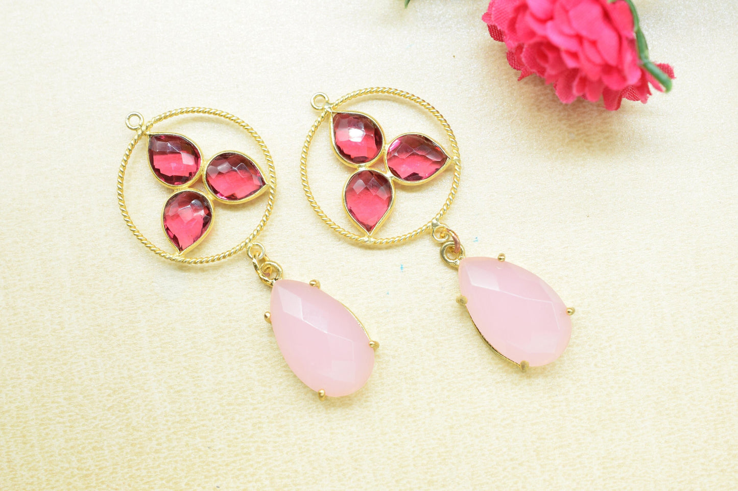 Pink tourmaline Bezel Charms Connector/Rose Quartz Prong Jewelry/Earring Connector/Station Bezel Link Pendant/Handmade Jewelry/B'day Gift