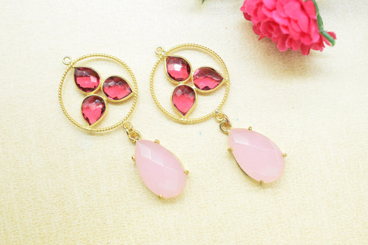 Pink tourmaline Bezel Charms Connector/Rose Quartz Prong Jewelry/Earring Connector/Station Bezel Link Pendant/Handmade Jewelry/B'day Gift