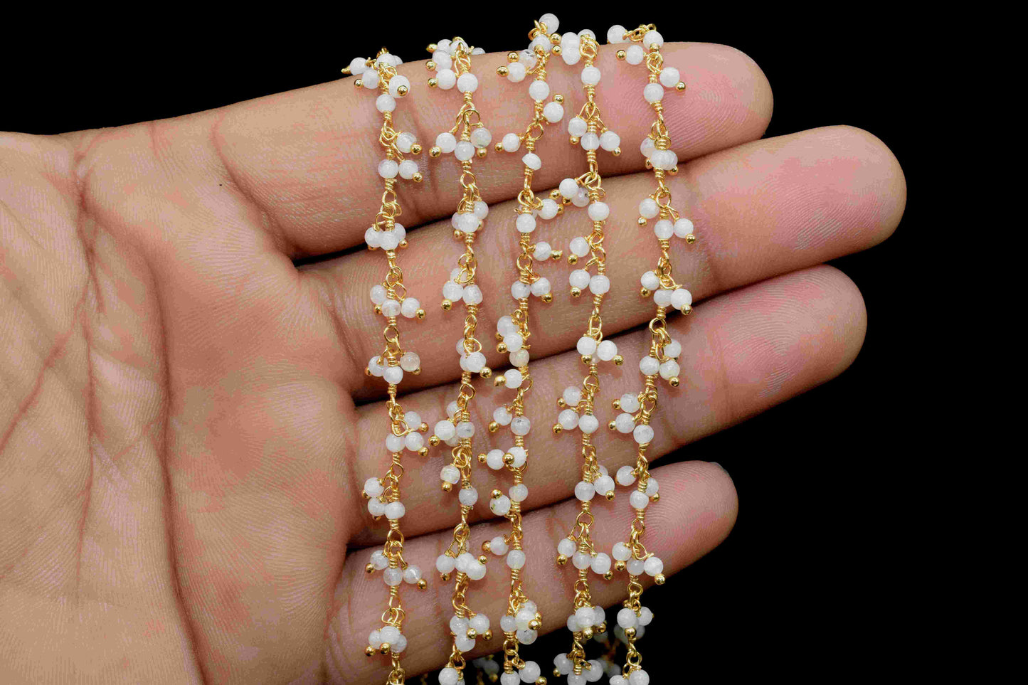 Natural Moonstone 2mm round Cluster beaded Chain,Handmade Cluster Rosary,Handmade Jewelry Making Wire Wrapped Beaded Chain For Necklace,