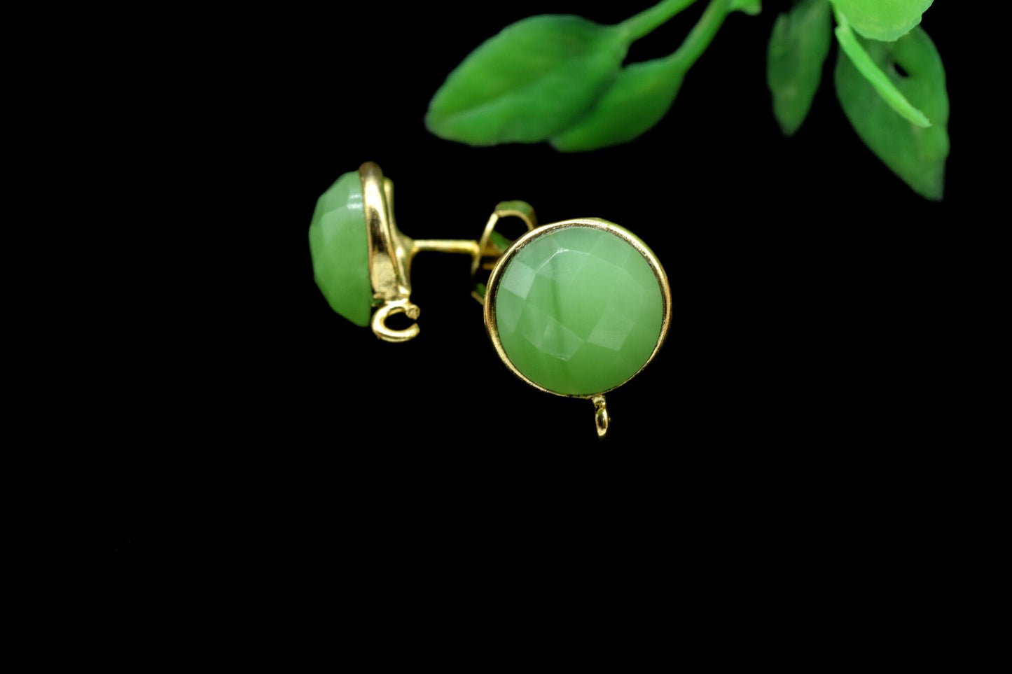 10mm Round Chrysoprase Earring Connector, Jewelry,bezel frame Connector,Ear Post Studs Connectors,Chrysoprase Ear Studs,Studs Connectors