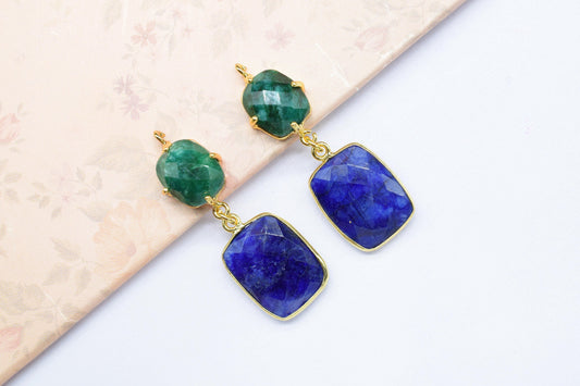 Natural Emerald Prong Setting Bezel Charm/Handmade Pendant/Blue Sapphire Connector/Earring Connector/Multi Stone Pendant/Station Bezel Link