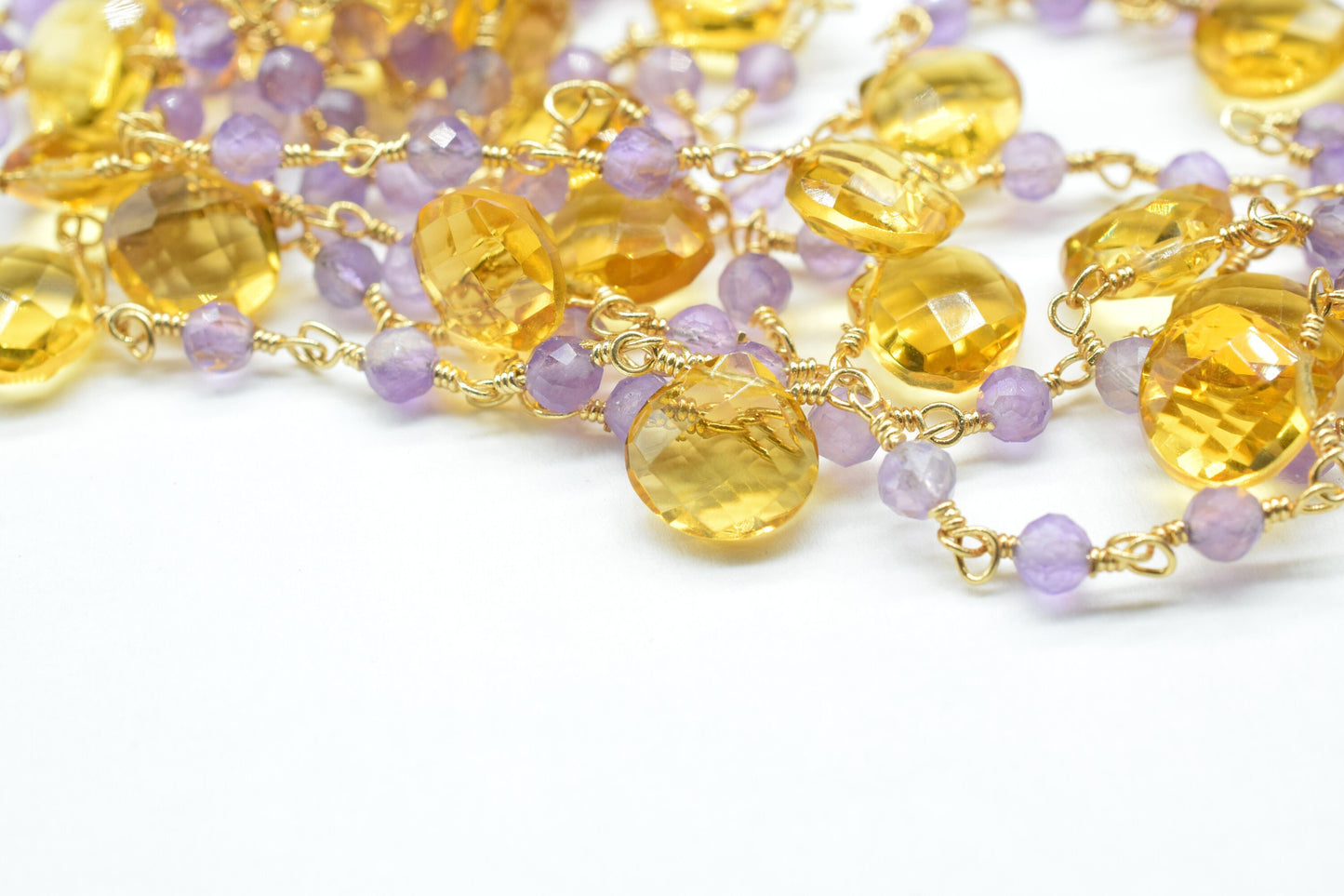 Amethyst 3mm Beaded Chain,citrine Heart Shape Rosary Chain,Amethyst wire wrapped rosary chain,Gold Plated Brass Chain,gemstone rosary,craft