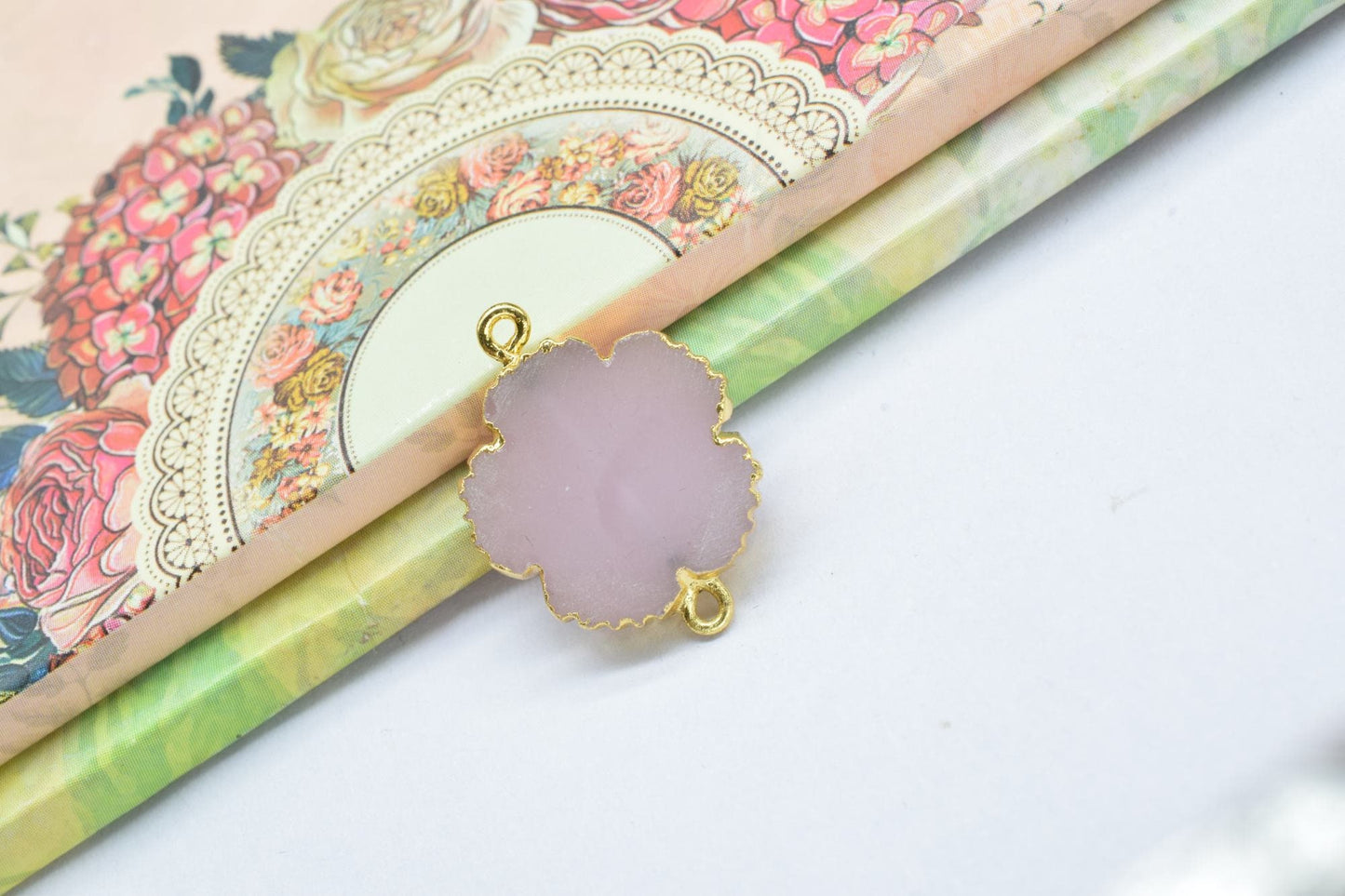 Rose Quartz bracelet charm Pendants,Handmade Flower Pendant,Necklace Connectors Jewelry,Gemstone Electroplated Charm,Double Bail Connector