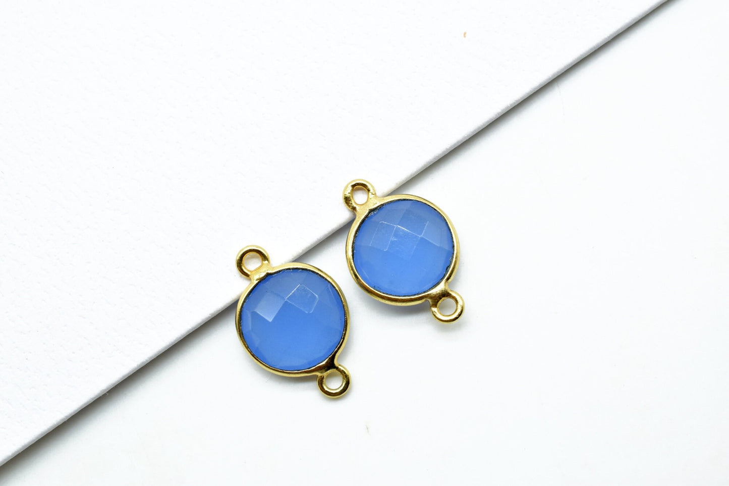 Blue Chalcedony 10mm Round double bail connectors,Blue Chalcedony Gold Plated Gemstone Bezel Connector,Blue chalcedony Double Loop connector