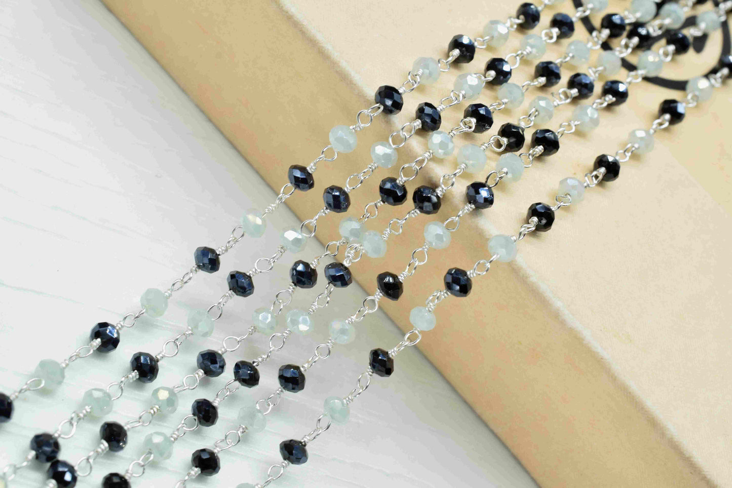 Black Onyx Beaded Chain,Multi Stone Rosary Chain,Peru Chalcedony Micro Beads chain,Handmade Rosary Jewelry Making,Wire Wrapped Rosary,Gift