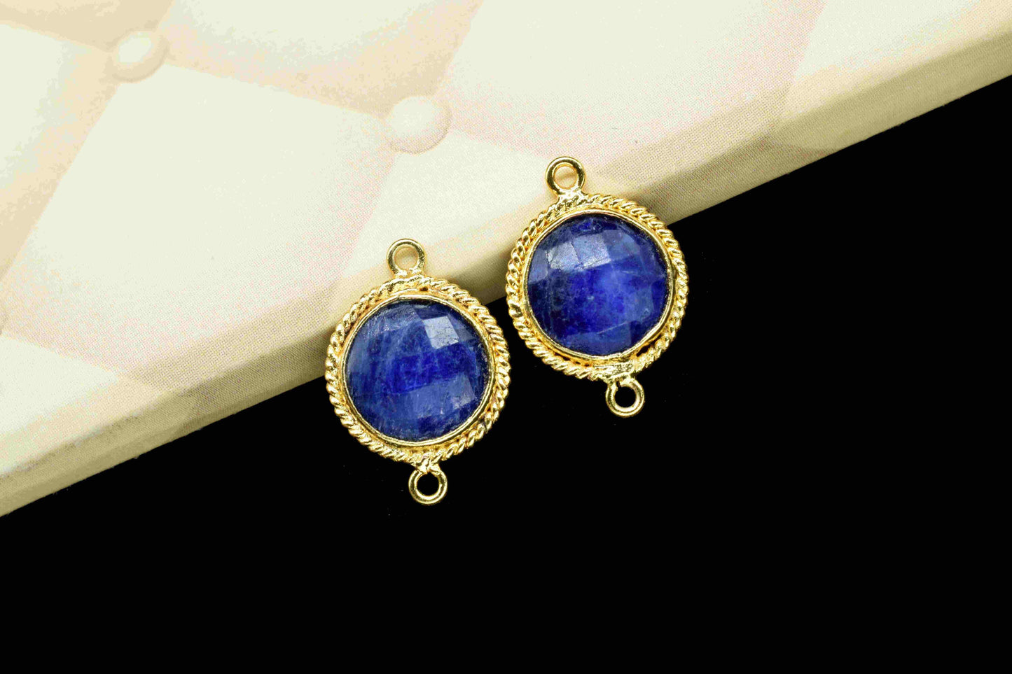 Blue Sapphire 10mm Round Shape Connector,Blue Sapphire Double Bail,Gold Plated Earring Connector,Pendant Findings,Blue Sapphire Stud Jewelry
