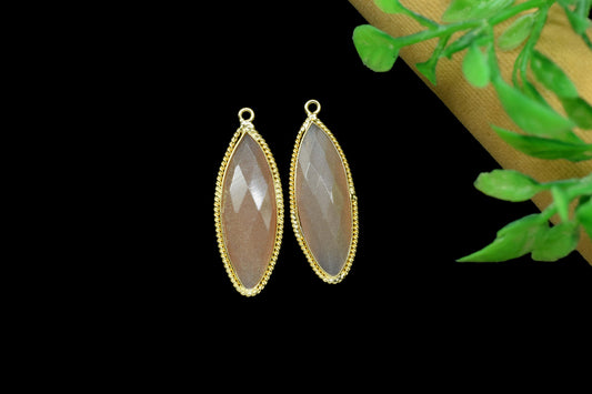 Peach Moonstone Gemstone 10x30mm Marquise Shape Connector,Peach Gemstone Gold Plating Single Bail Jewelry Connector,Peach Moonstone Pendants