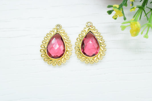 Pink Tourmaline 10x14mm Teardrop Charms,Gemstone Teardrop Bezel Charm,Handmade Pendant connectors,Single Bail Pendant,Boho Necklace Pendant