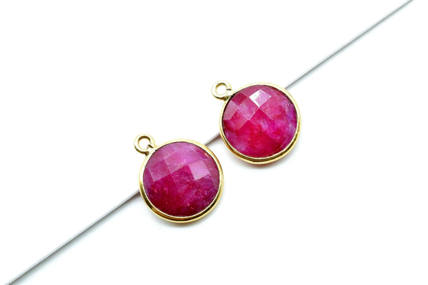 Natural Ruby 12mm charm,Ruby Pendant,Ruby Round Gold Plated bezel,Ruby Vermeil Bezel,Ruby jewelry making charm,Ruby Brass connector,Ruby