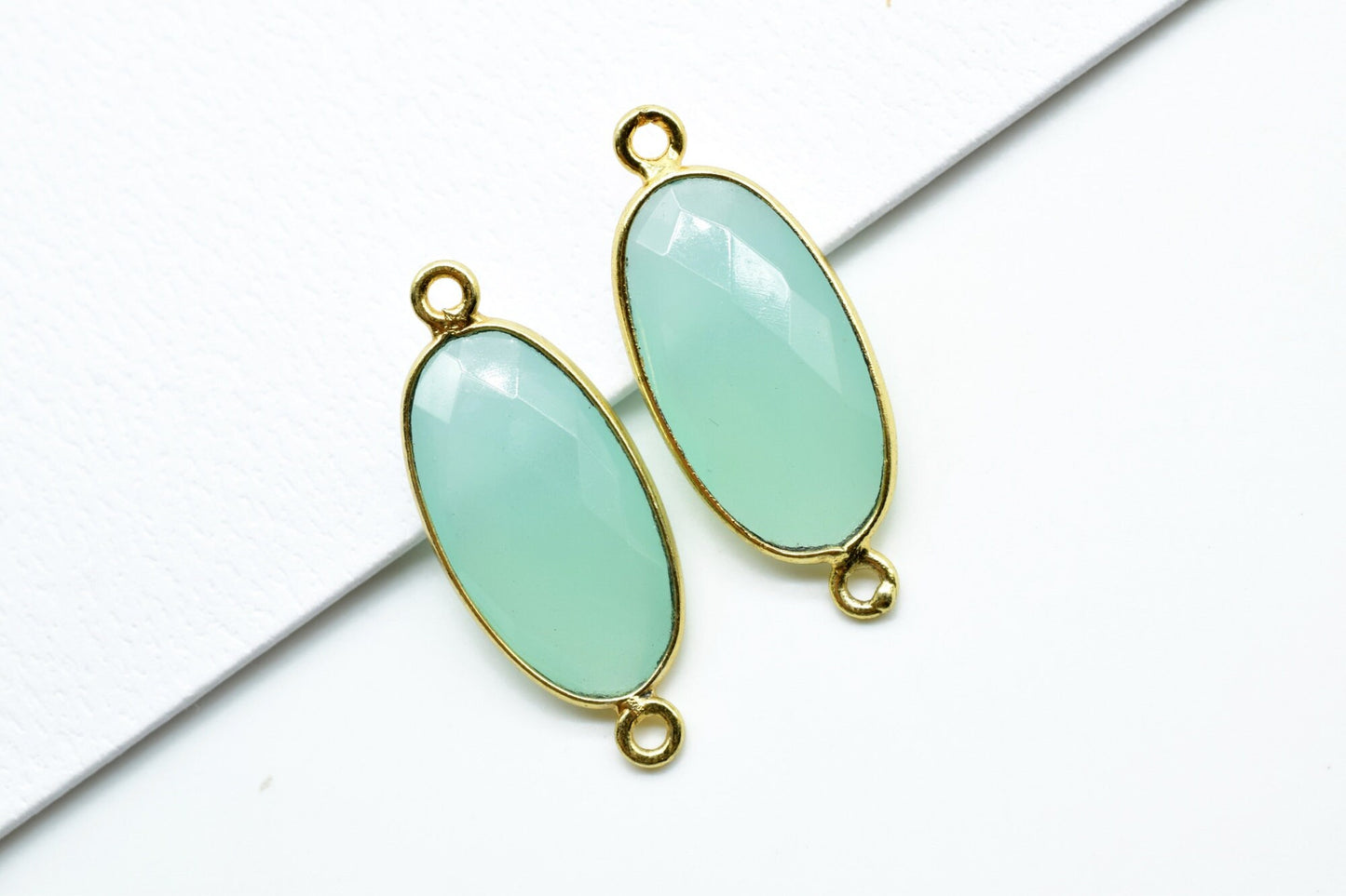 Aqua chalcedony 10x20mm double bail connectors,chalcedony Oval pendant,Gemstone connectors,Brass charm,Gold plated charms,Jewelry supplies
