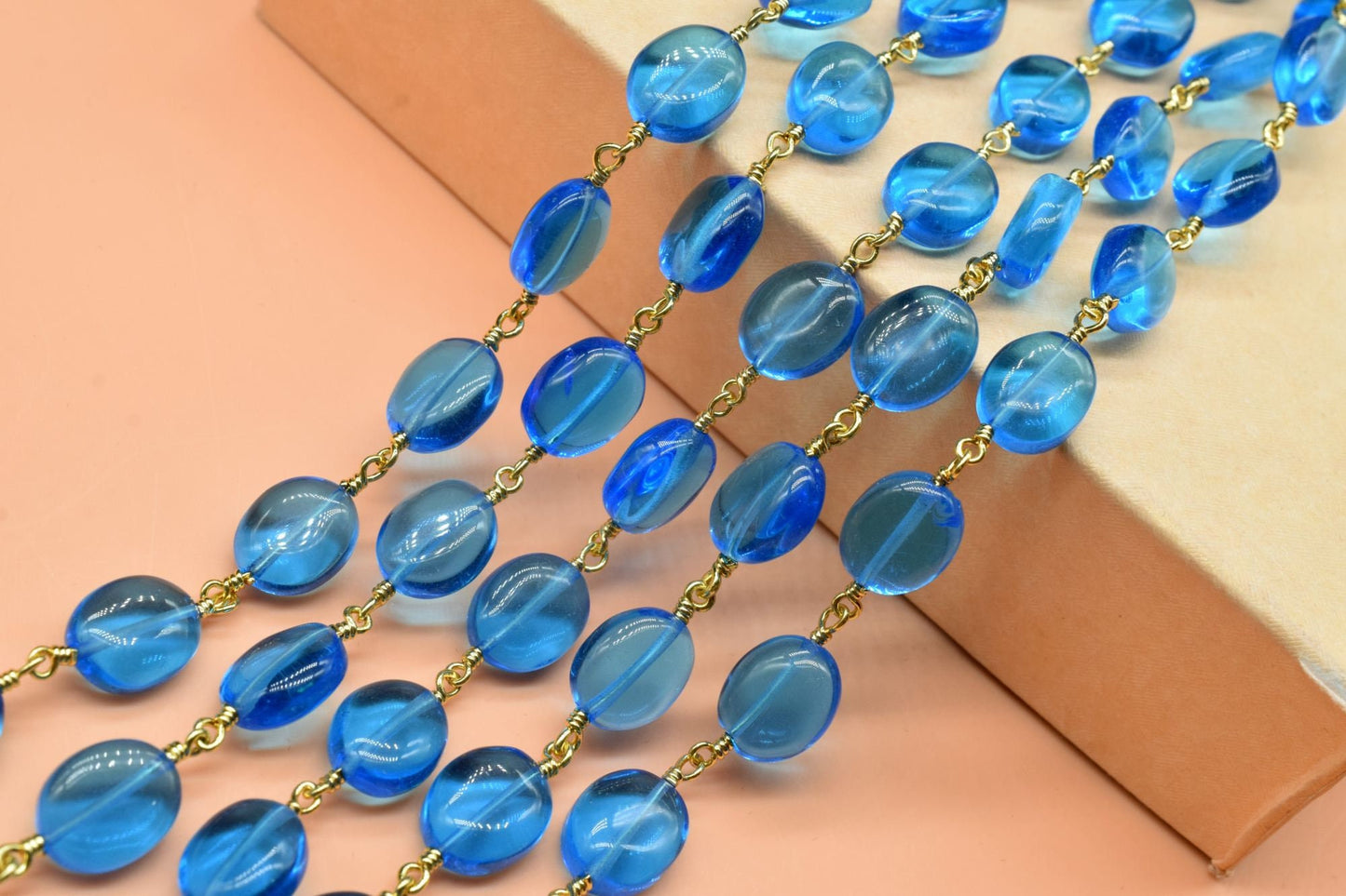 Blue Topaz Oval Shape Rosary,Blue Topaz Oval Beaded Chain,Topaz Wire Wrapped Rosary,Blue Topaz Briolette Beads,Rosary Chain Gold Plated Wire