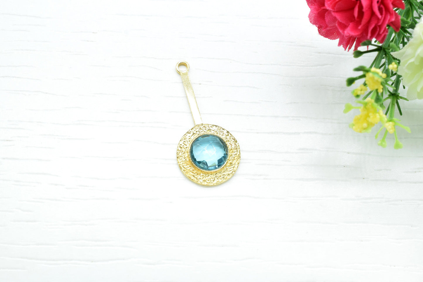 Blue Topaz Pendant , Blue Topaz Gemstone Handmade Pendant ,Single Bail Checker Cut Gemstone Connector, Gold Plated Connectors