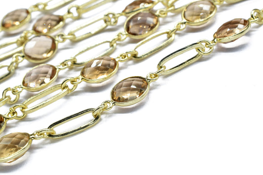 Smoky Quartz Gold plated Gemstone Link Chain,Smoky Gemstone Connector Rosary Chain , Linked Connector Chain, Wire Wrapped Bezel Beads Chain