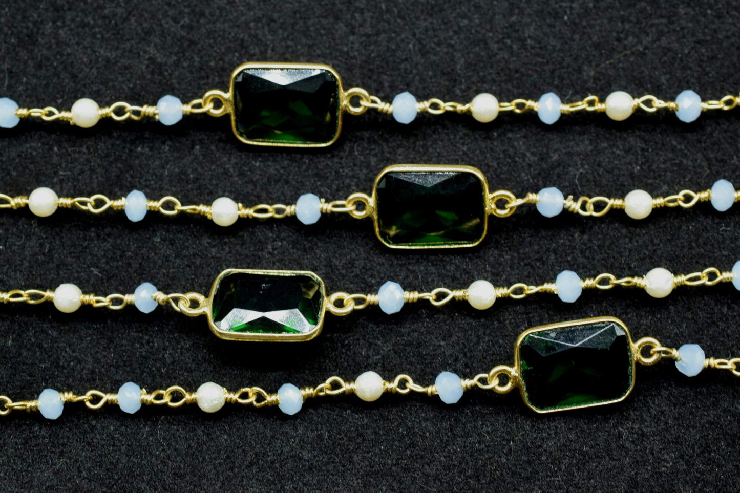 Blue Chalcedony Rosary,Emerald Quartz Bezel Link Chain,Pearl Beaded Rosary Chain,Gemstone Bezel Chain,Gold Plated Rosary Chain,Beaded Chain