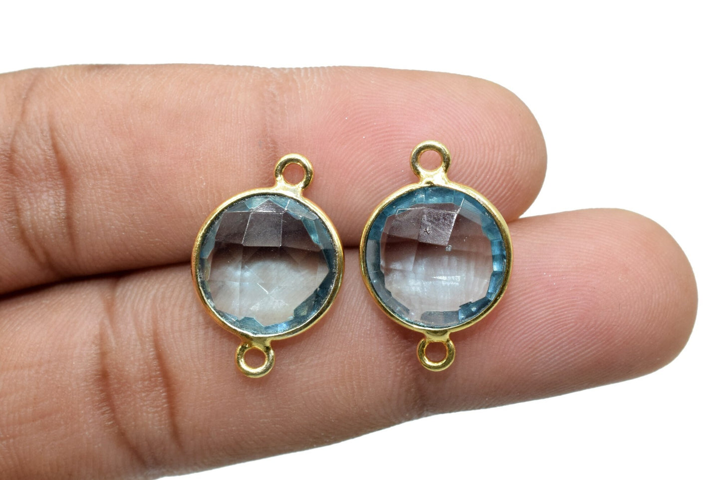 Sky Topaz 12mm Round Double loop connectors,Brass Gold Plated bezel,Sky Topaz Pendant,Sky Topaz double bail connectors,Topaz Round connector